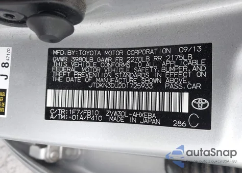 2013 Toyota Prius Two из США, поврежденный, VIN JTDKN3DU2D1725933